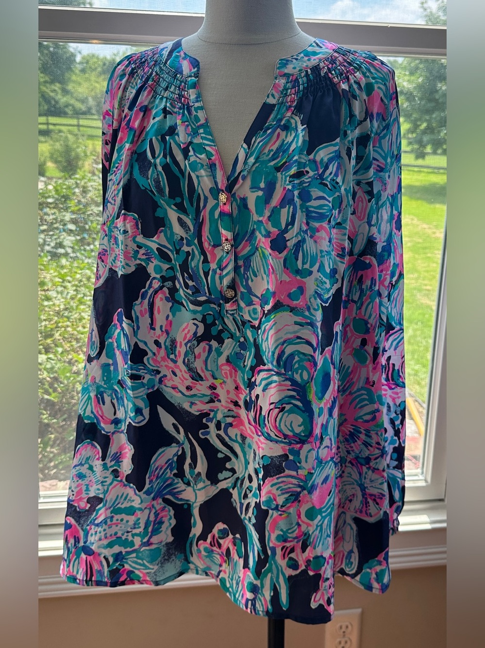 Lilly‎ Pulitzer 100% Silk Elsa, Navy Caught Up Print, Size XL